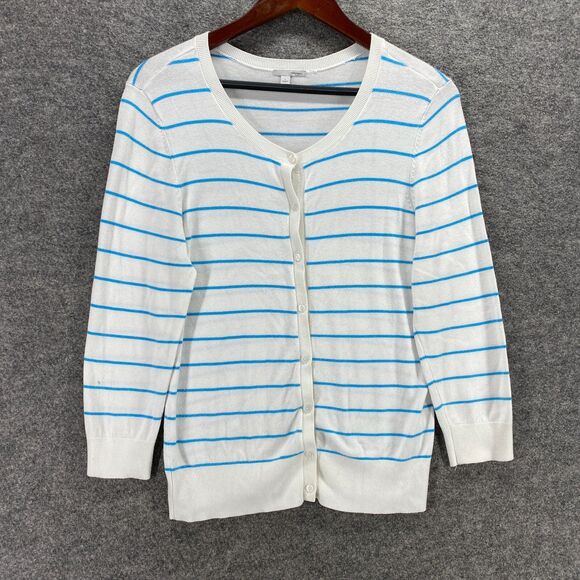 Halogen Cardigan Women L Large White Striped Button Up Knit Nylon Long Sleeve - Picture 1 of 9